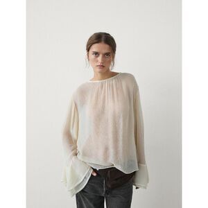 Massimo Dutti Women blouse Shirt S Cream Flowing Ruffle Long Sleeve 5104/804 NWT